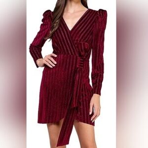 Layered With Love Champagne Wishes Velvet Stripe Mini Dress Sz L Burgundy NEW